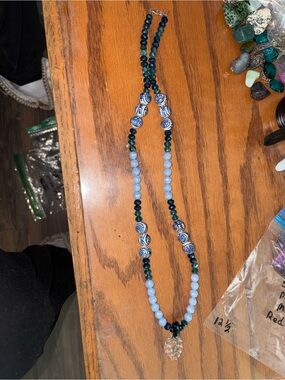 Blue Beaded Pendant Necklace - Designer Style 16 inches